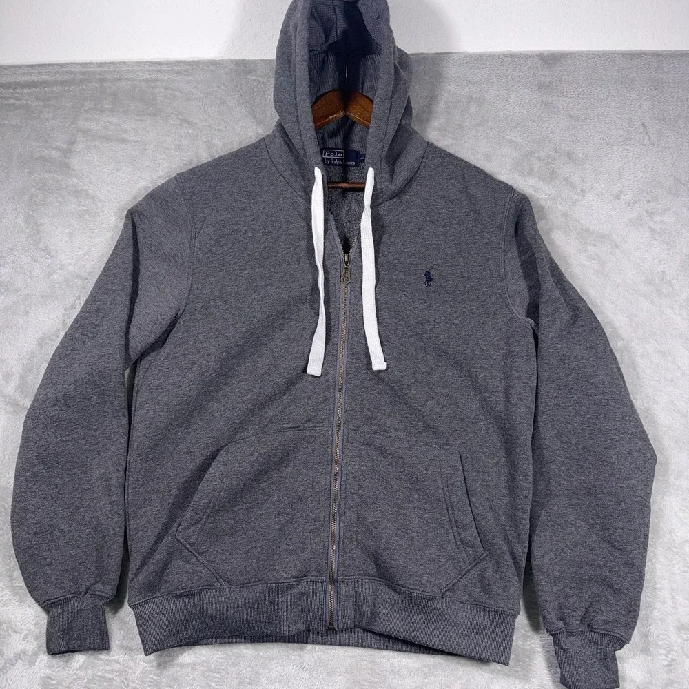 Polo Ralph Lauren Mens Hoodie Large Grey Full Zip Pony Logo Streetwear Classic